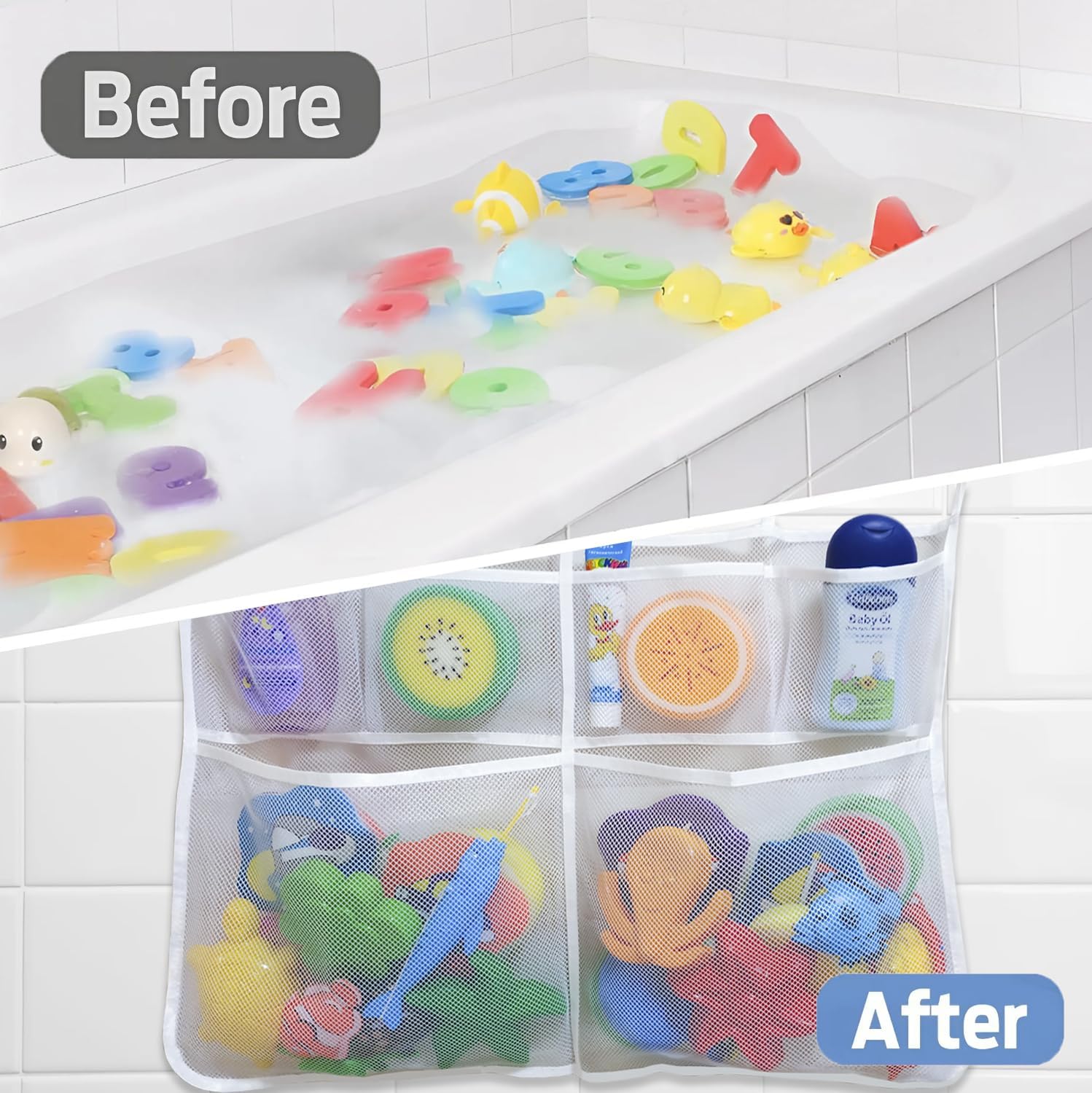 Extra Large Bath Toy Holder with 5 Suction Cups and Hooks