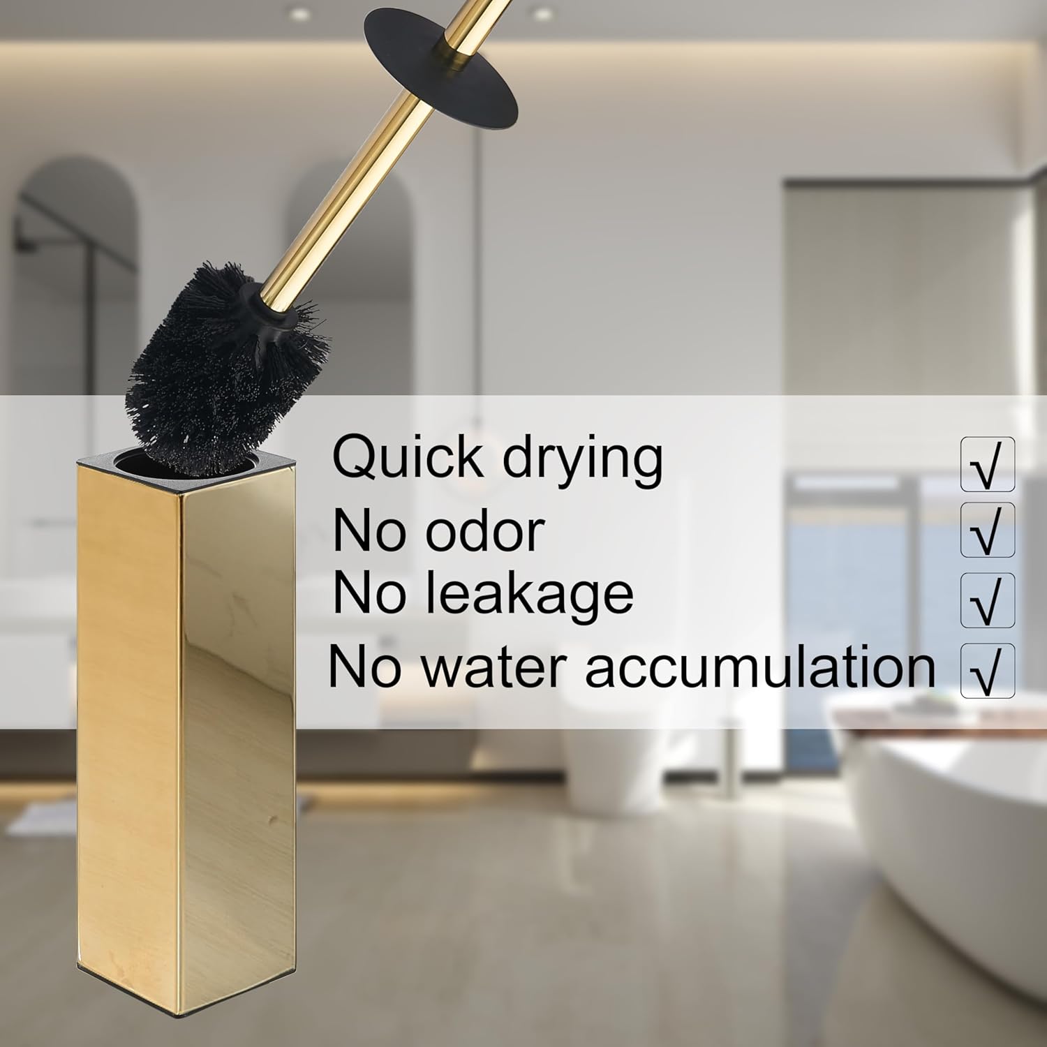 BGL Square Toilet Brush with Gold Holder and 2 Brush Heads