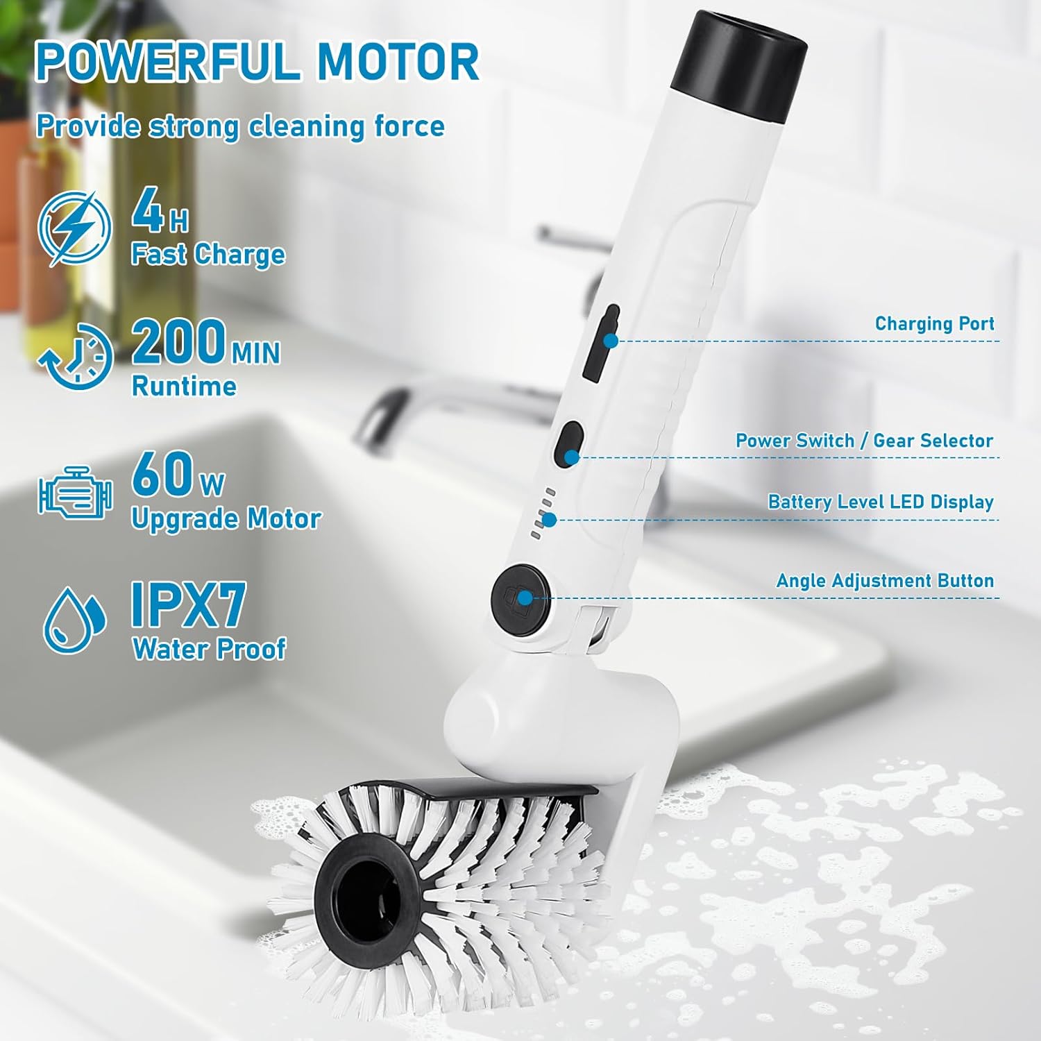 Yutesiri Cordless Waterproof Toilet Brush with 4 Heads 1
