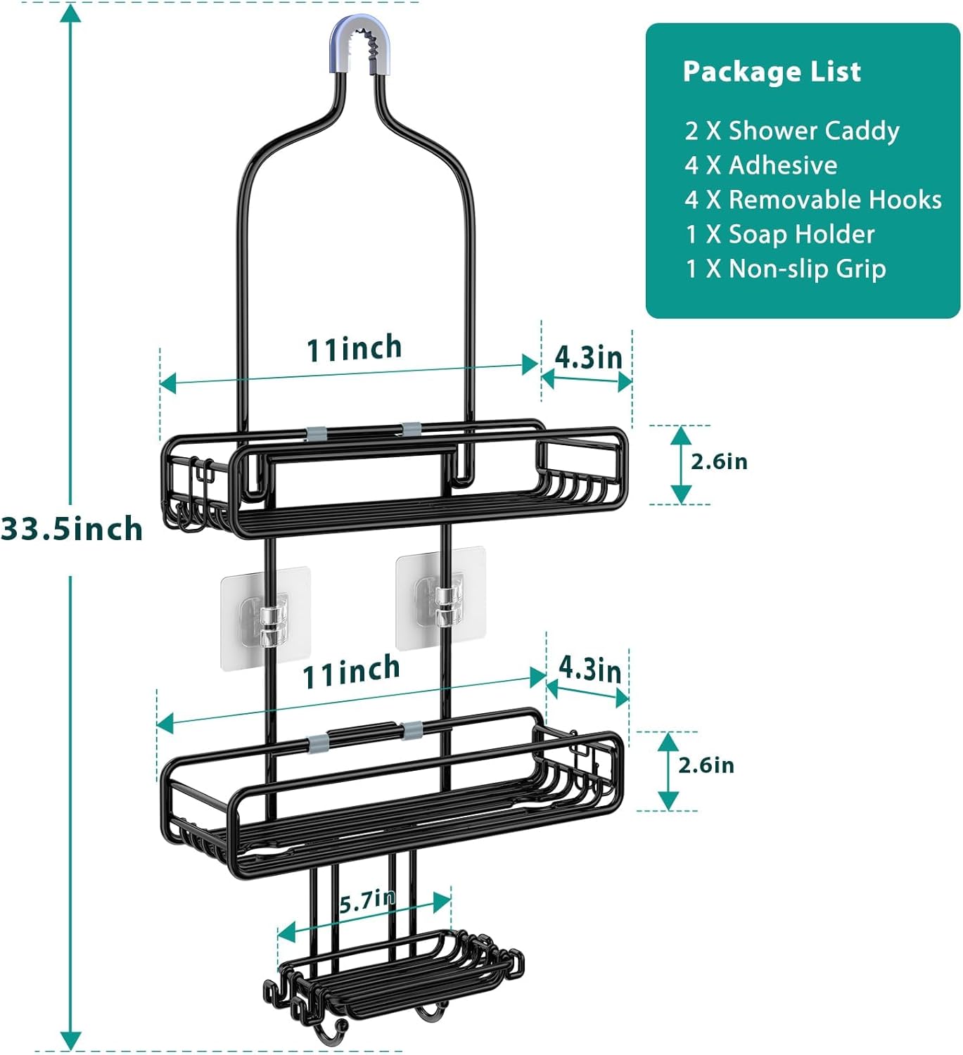 Adjustable Shower Caddy with 3-Tier Baskets and 4 Hooks - Black