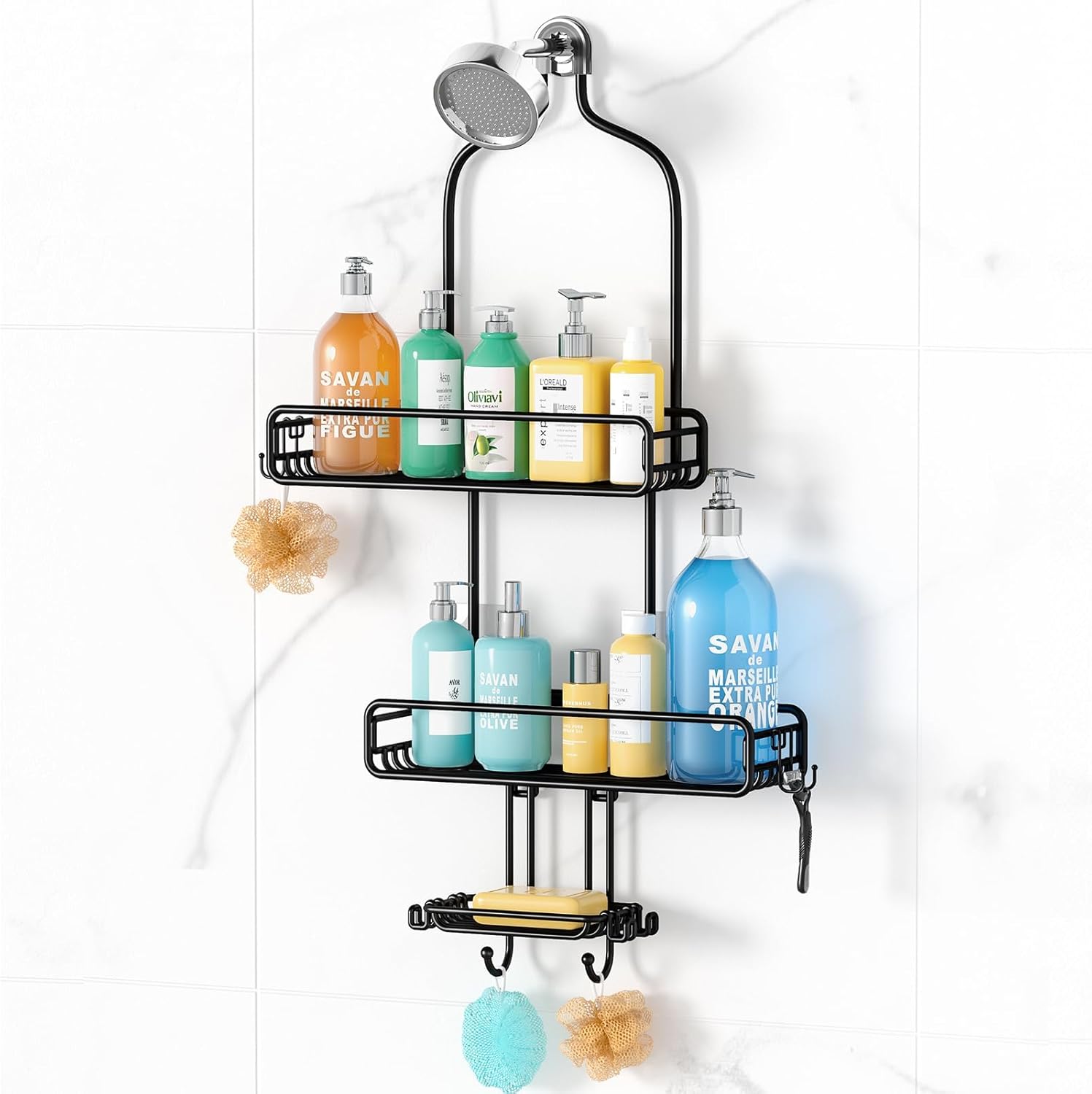 Adjustable Shower Caddy with 3-Tier Baskets and 4 Hooks - Black