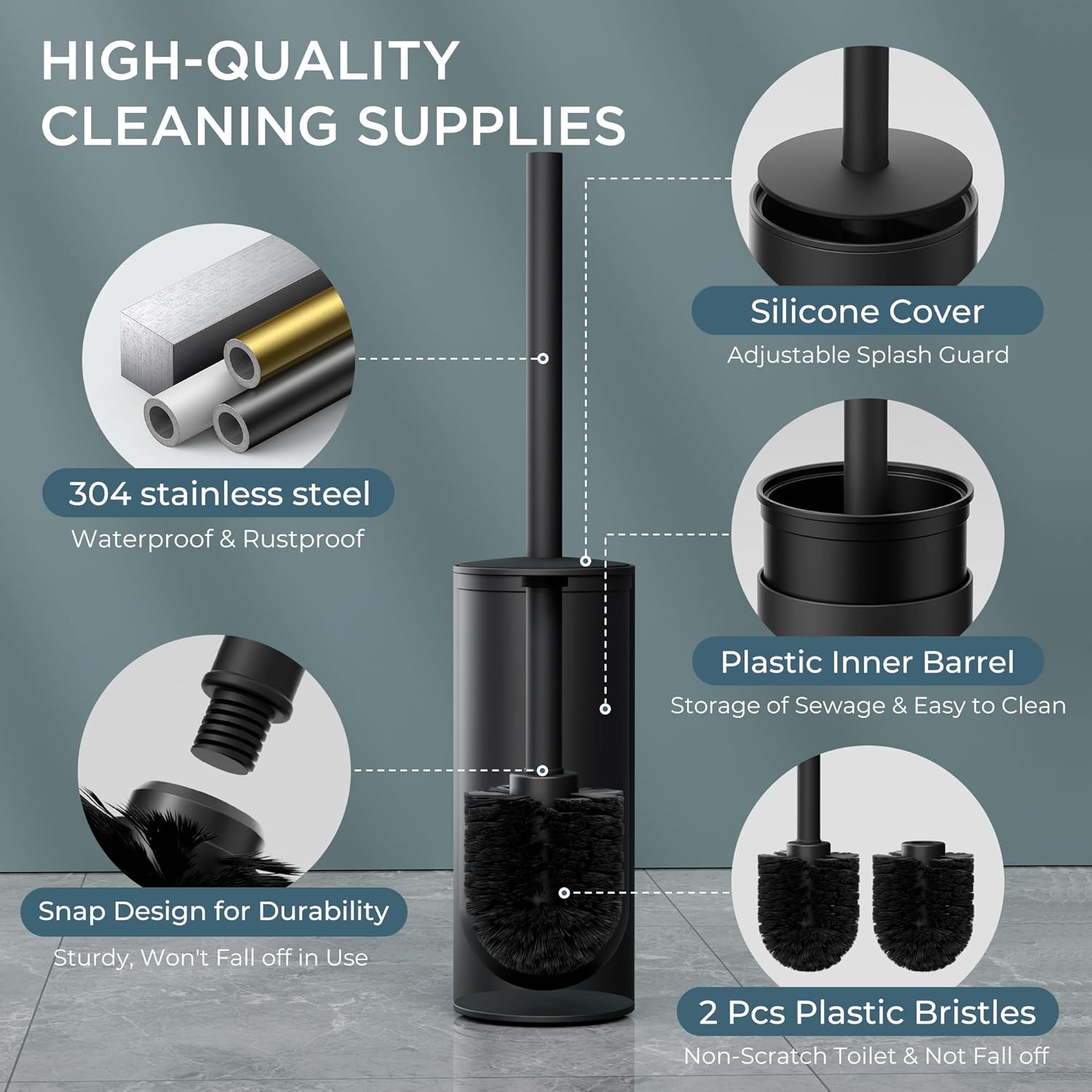 FORIOUS Toilet Brush and Holder Set with 304 Stainless Steel Base