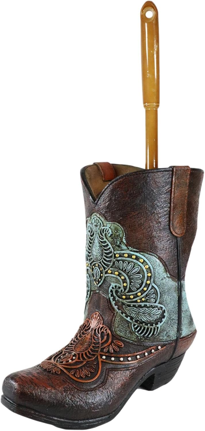 Ebros Gift Rustic Cowboy Boot Toilet Brush Set 2 Piece