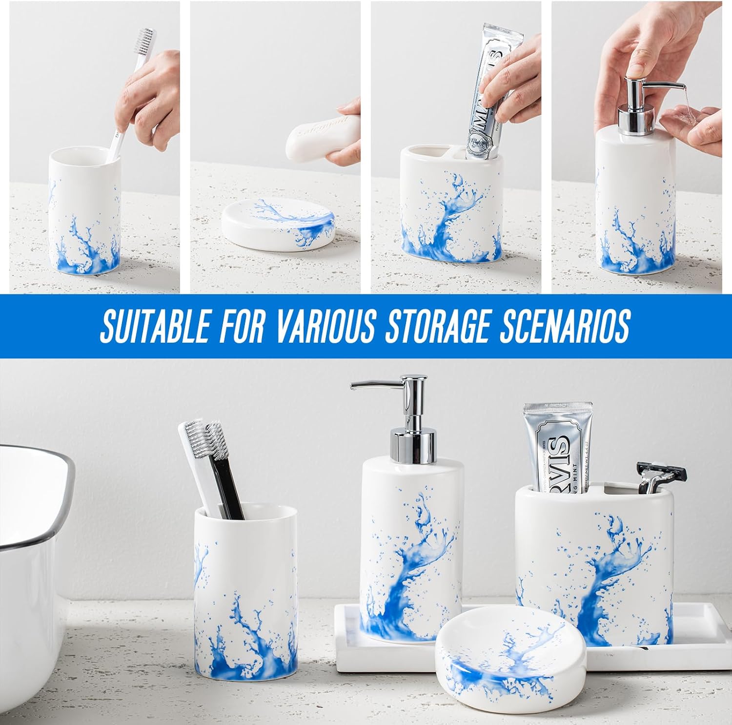 Blue Watercolor Bathroom Accessory Set of 4