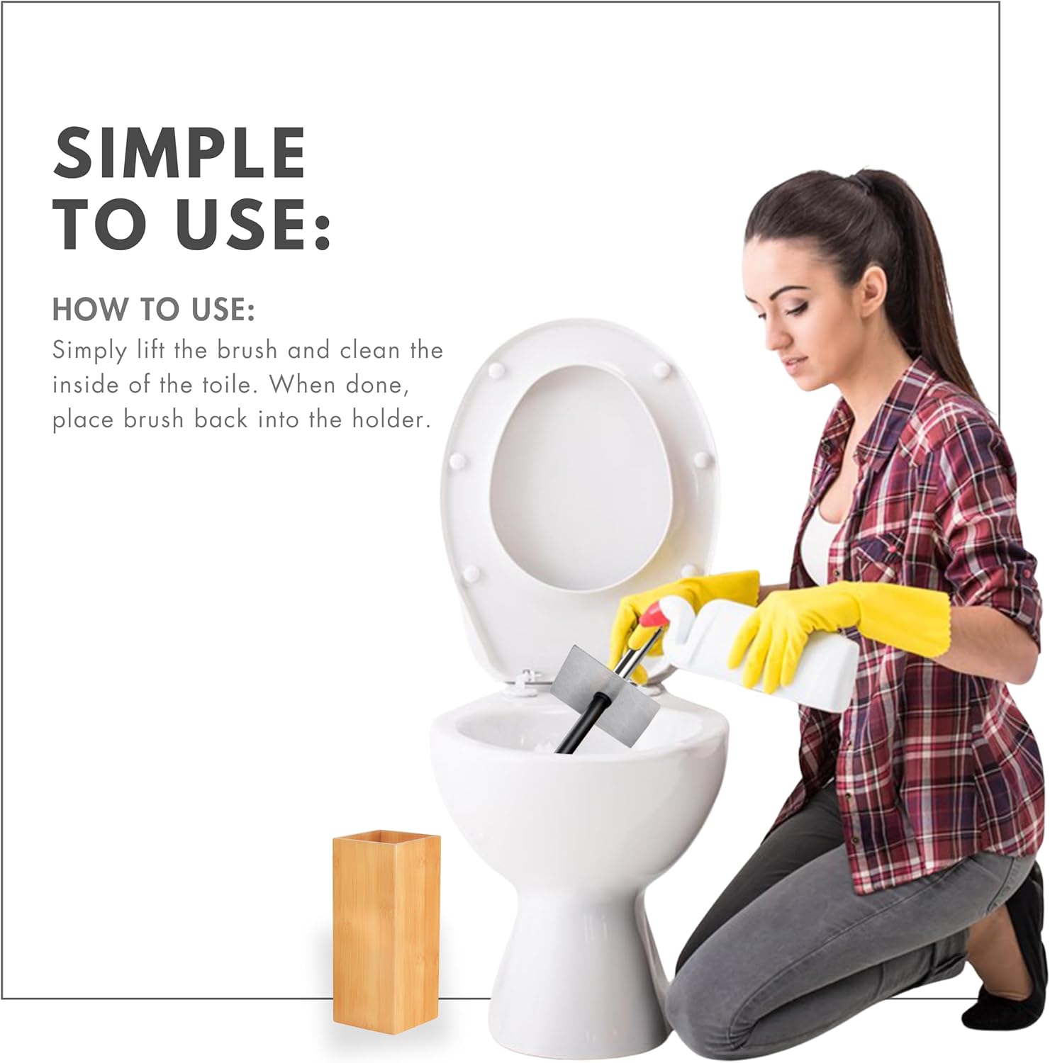 Deluxe Toilet Brush with Bamboo Holder and Stainless Steel Handle