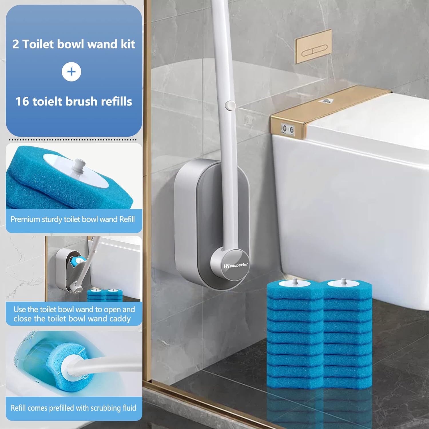 2Pack Toilet Brush and Holder with 16 Refills and Scrubbing Solution