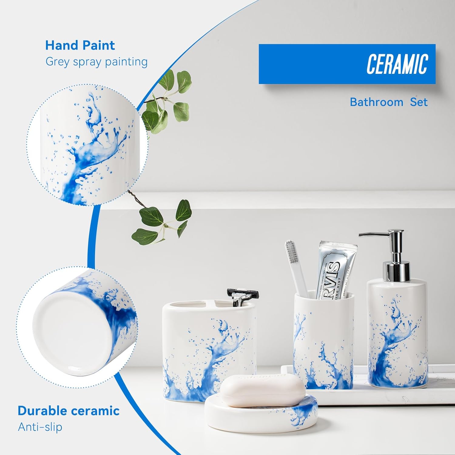 Blue Watercolor Bathroom Accessory Set of 4