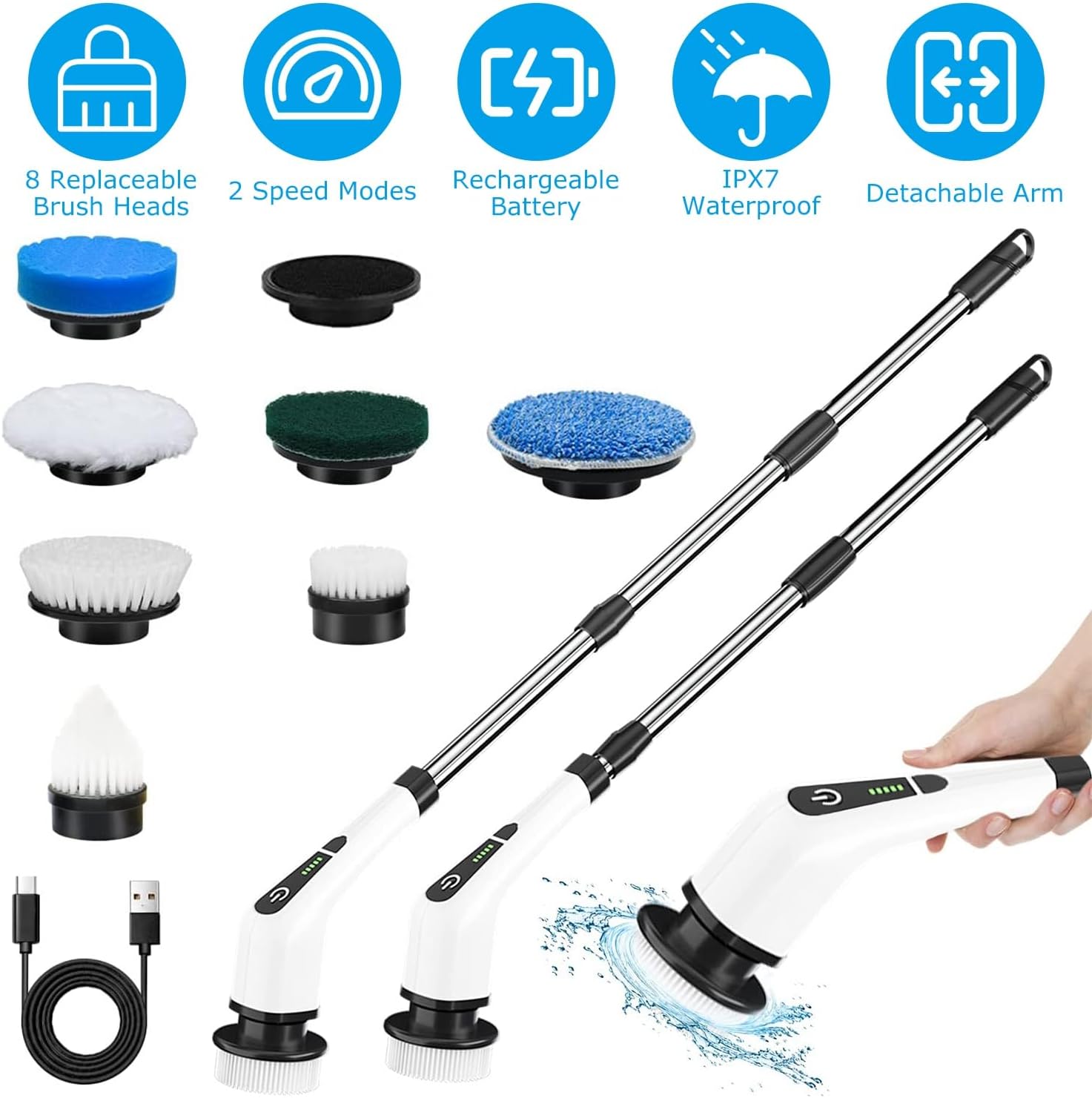 Cordless Telescopic Electric Toilet Brush with 8 Replaceable Heads