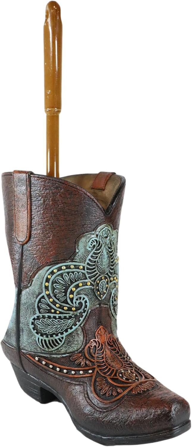 Ebros Gift Rustic Cowboy Boot Toilet Brush Set 2 Piece