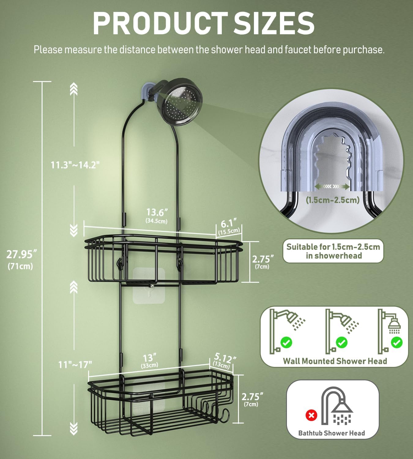 WXCGX Adjustable Hanging Shower Caddy with Hooks - Black