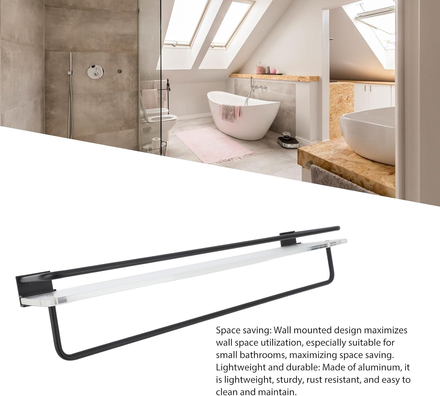 50Cm Wall Mount Shower Caddy with Towel Hanger and Acrylic Base