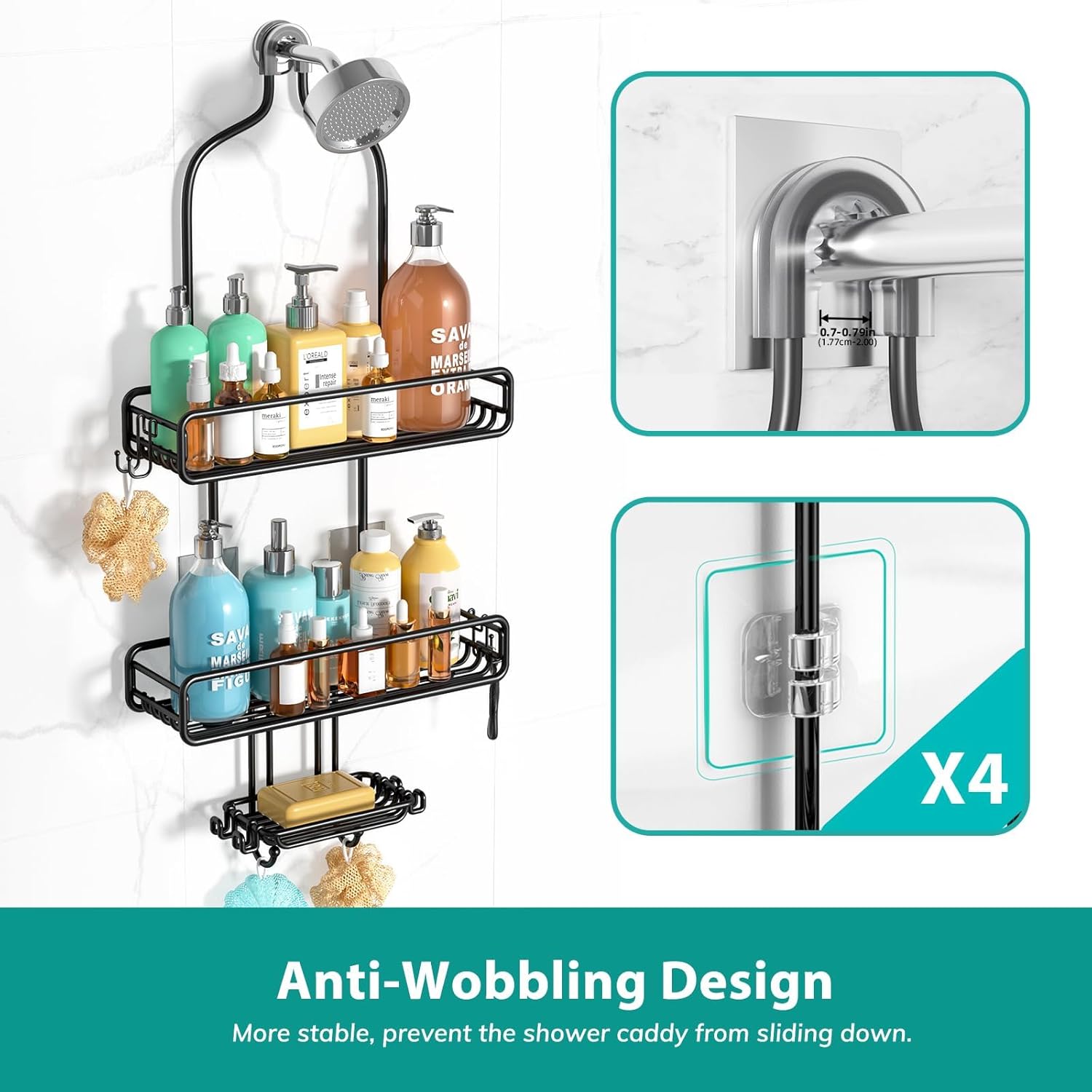 Adjustable Shower Caddy with 3-Tier Baskets and 4 Hooks - Black