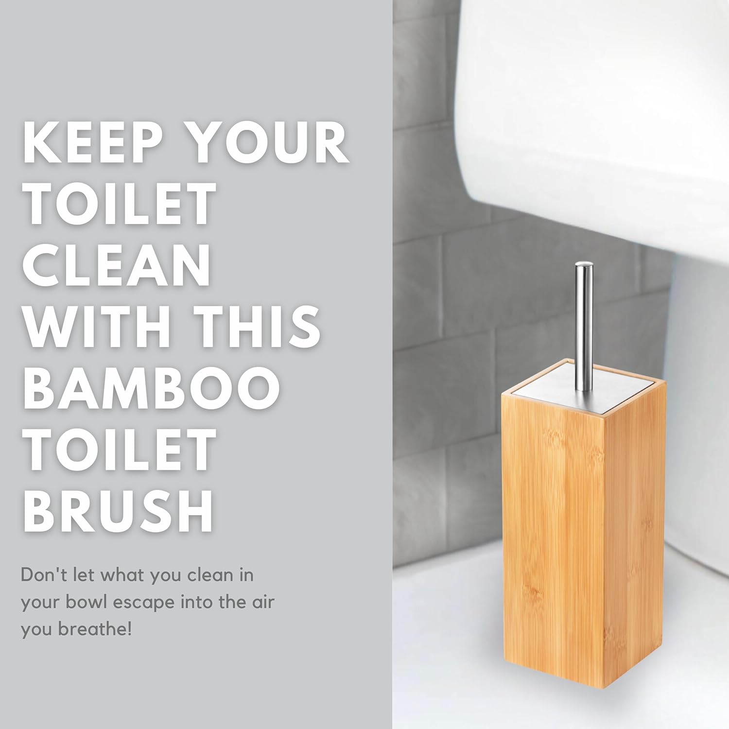Deluxe Toilet Brush with Bamboo Holder and Stainless Steel Handle