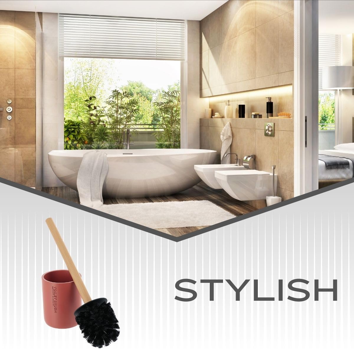 Compact Terracotta Toilet Brush Set with Bamboo Handle 1