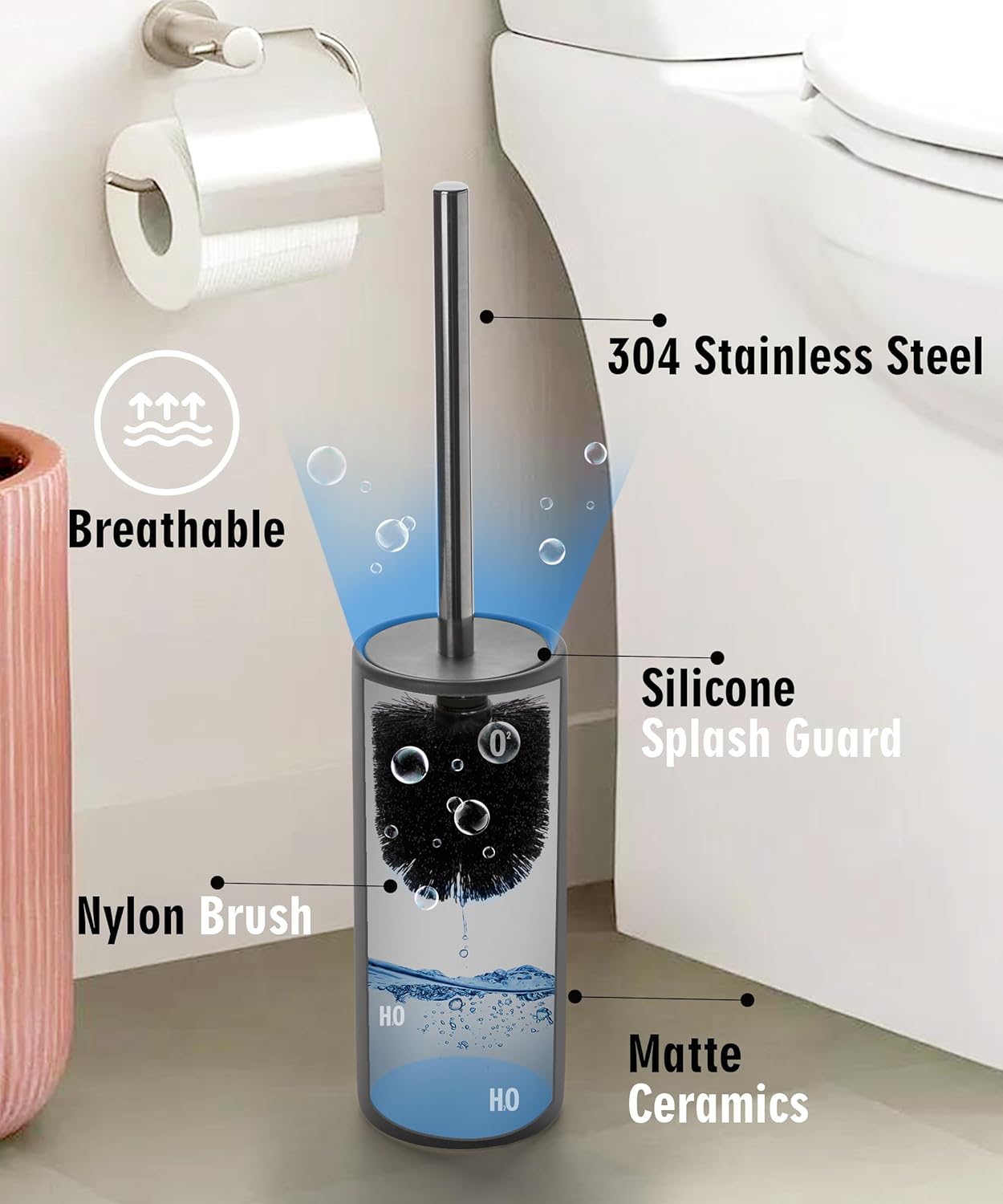 Viosuniu Matt Gray Ceramic Toilet Brush Set