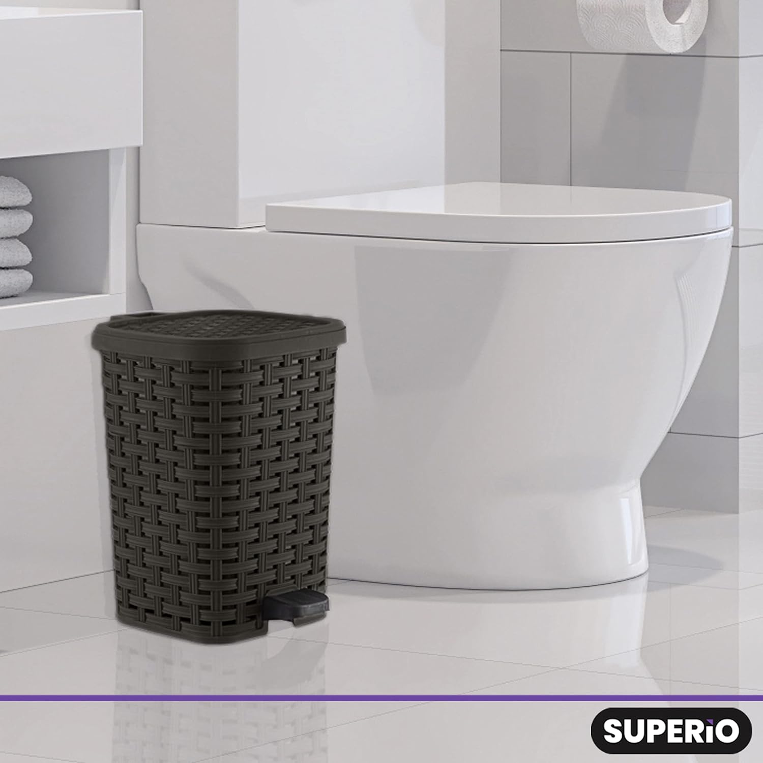 Superio Bathroom Trash Can and Toilet Brush Set 15 Gallon Brown
