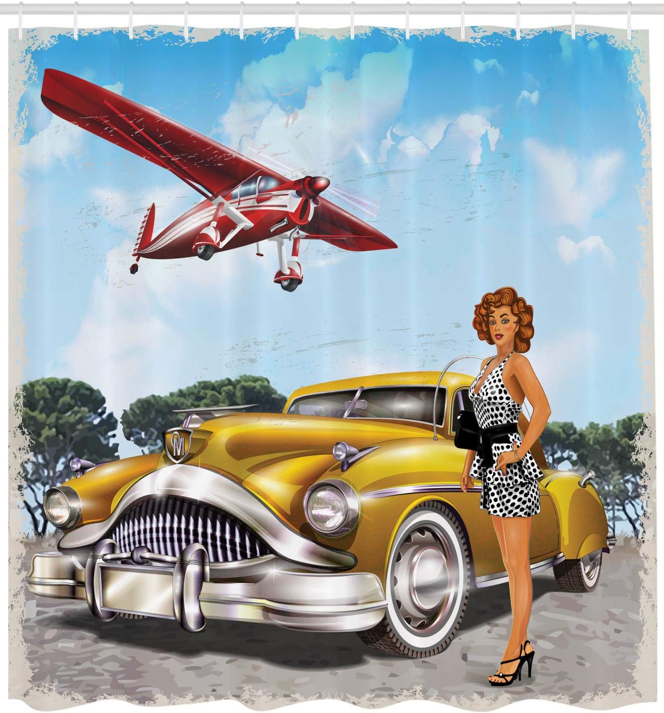 Ambesonne Retro Grungy Biplane Girl Shower Curtain Set