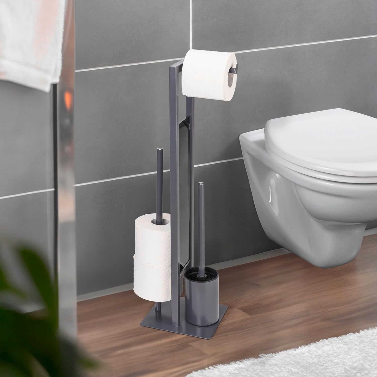 WENKO Rivalta Standing Toilet Set with Brush Paper Holder Grey