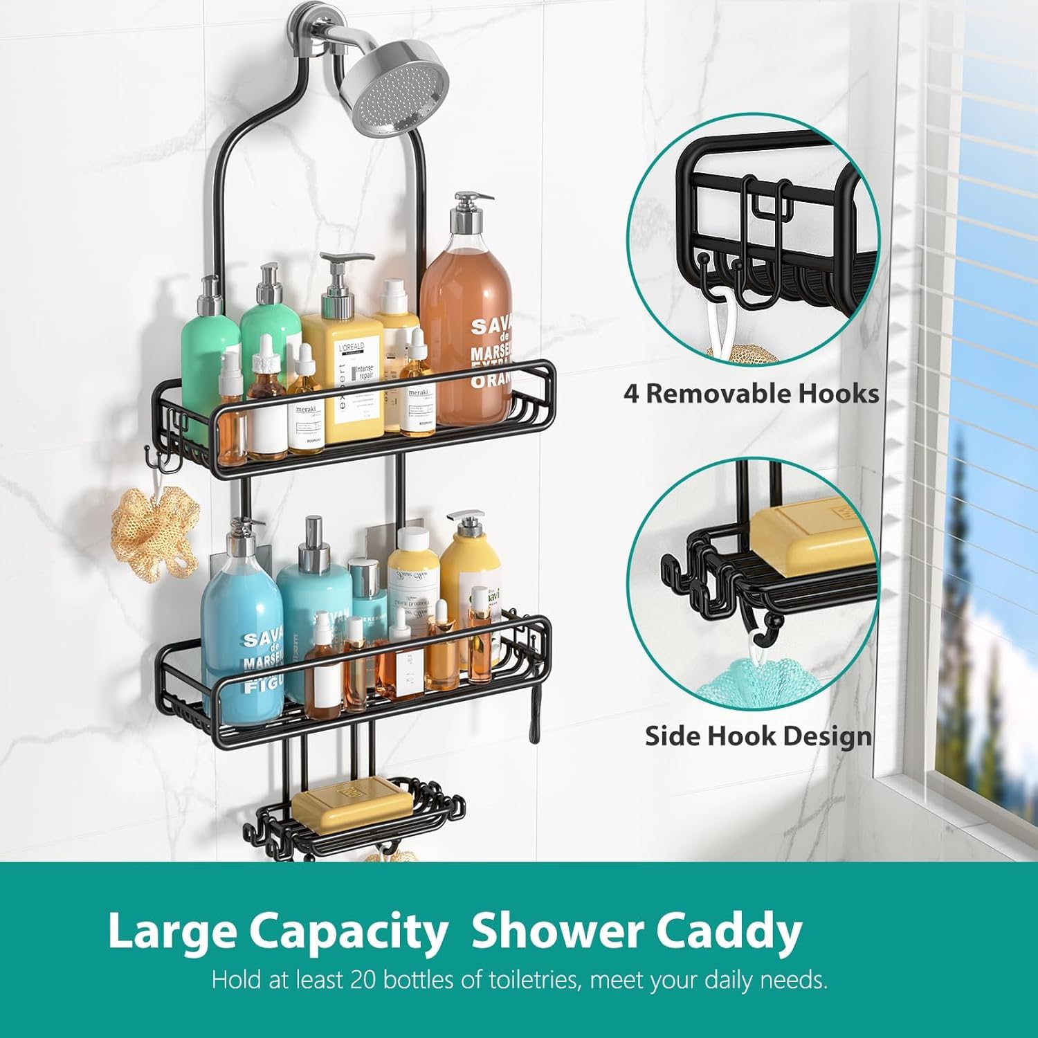 Adjustable Shower Caddy with 3-Tier Baskets and 4 Hooks - Black