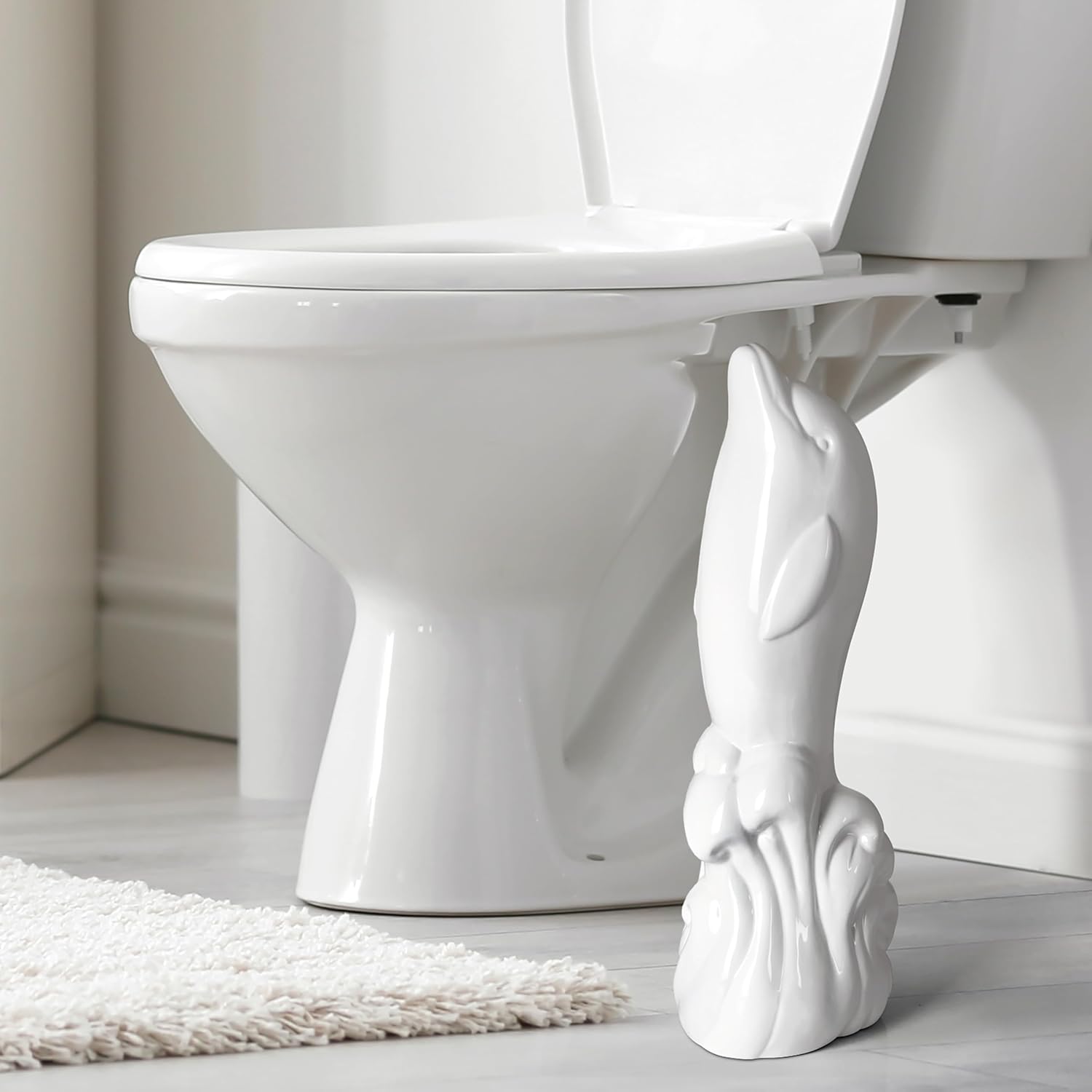 Dolphin Ceramic Toilet Brush Holder with Plastic Brush Set - White