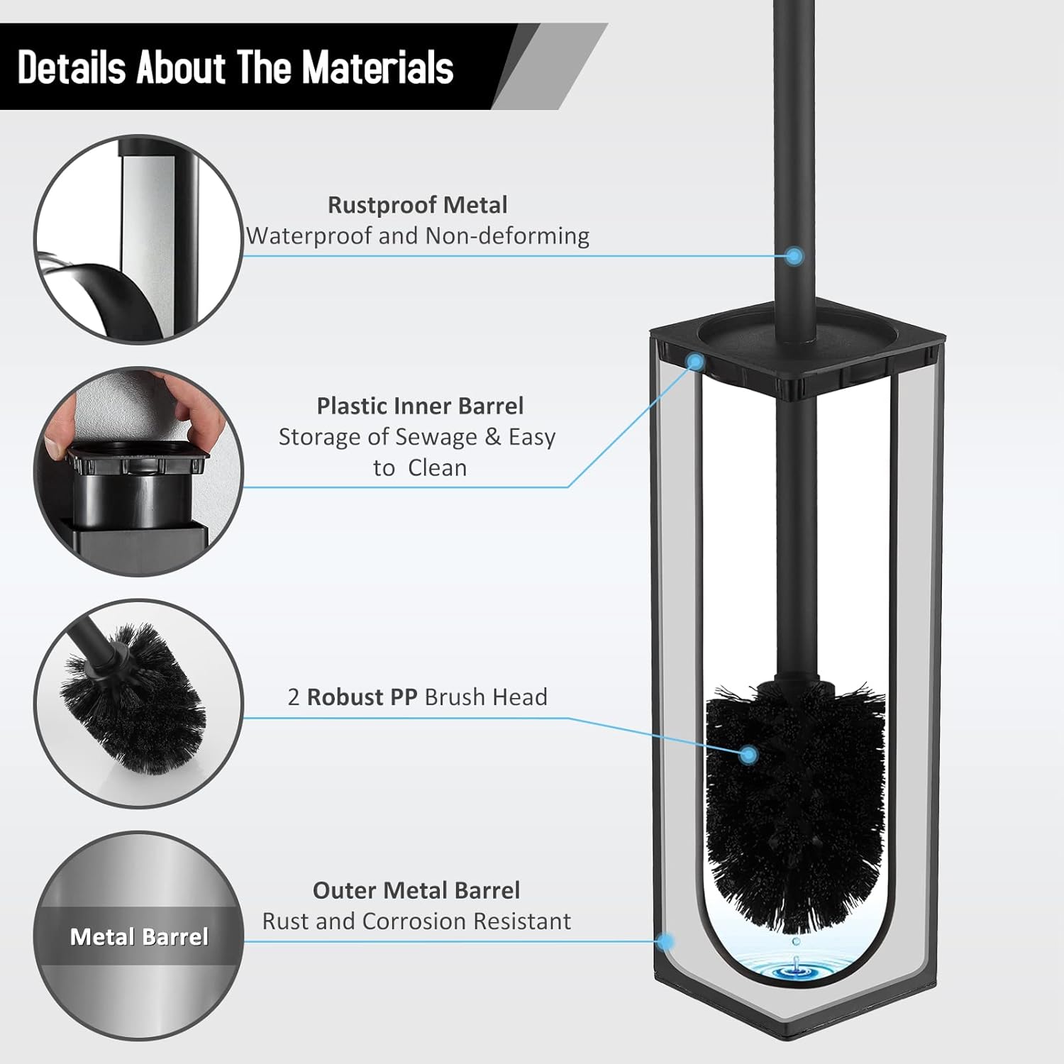 BGL Square Toilet Brush with Gold Holder and 2 Brush Heads