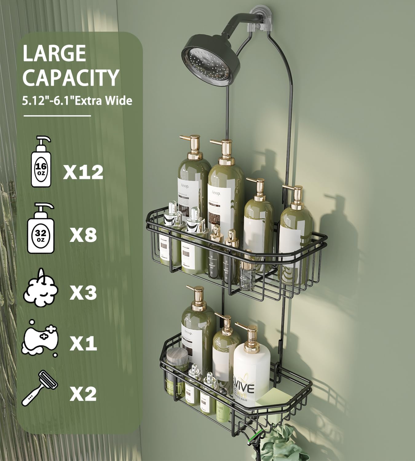 WXCGX Adjustable Hanging Shower Caddy with Hooks - Black