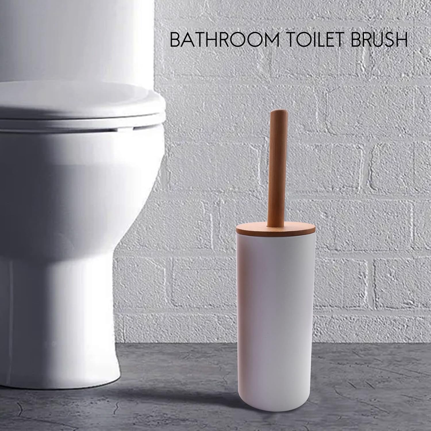 Bamboo Toilet Brush Set with Base Holder White