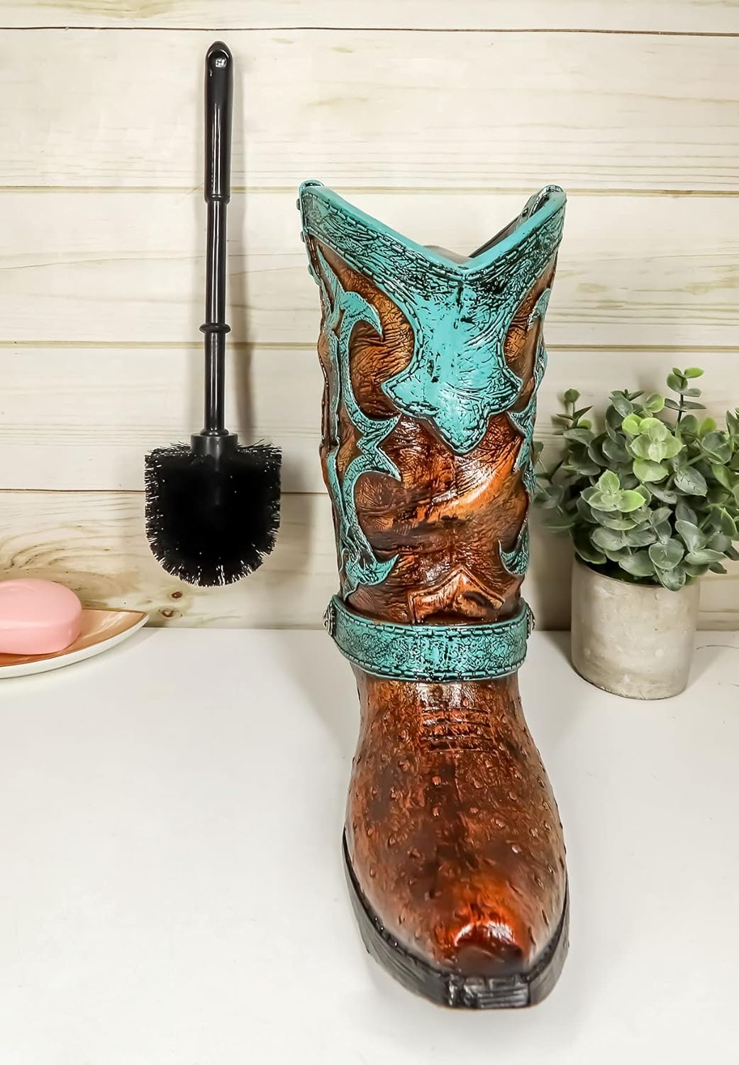 Ebros Rustic Western Cowboy Boot Toilet Brush Set 2 Piece