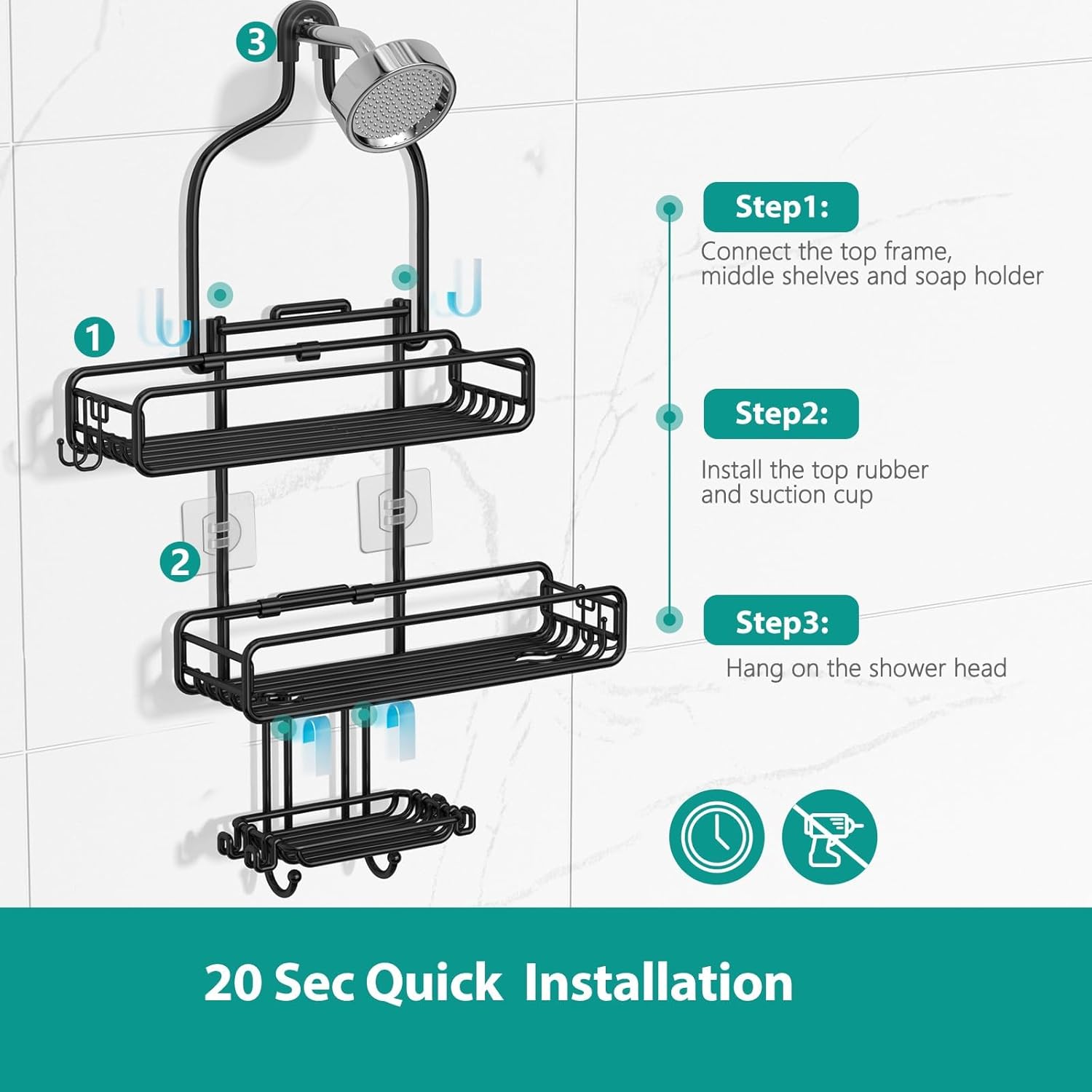 Adjustable Shower Caddy with 3-Tier Baskets and 4 Hooks - Black