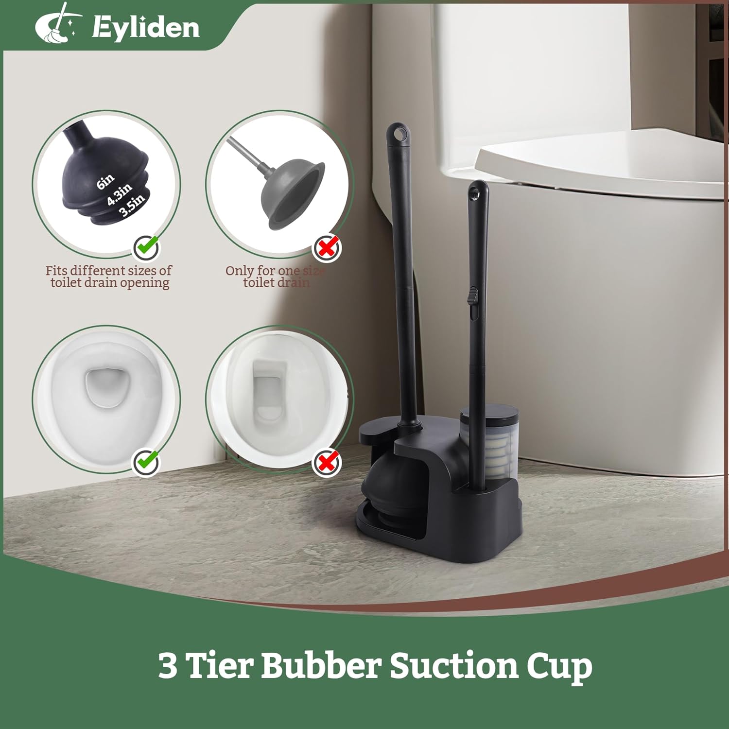 Eyliden Toilet Bowl Wand Kit and Plunger Combo Black