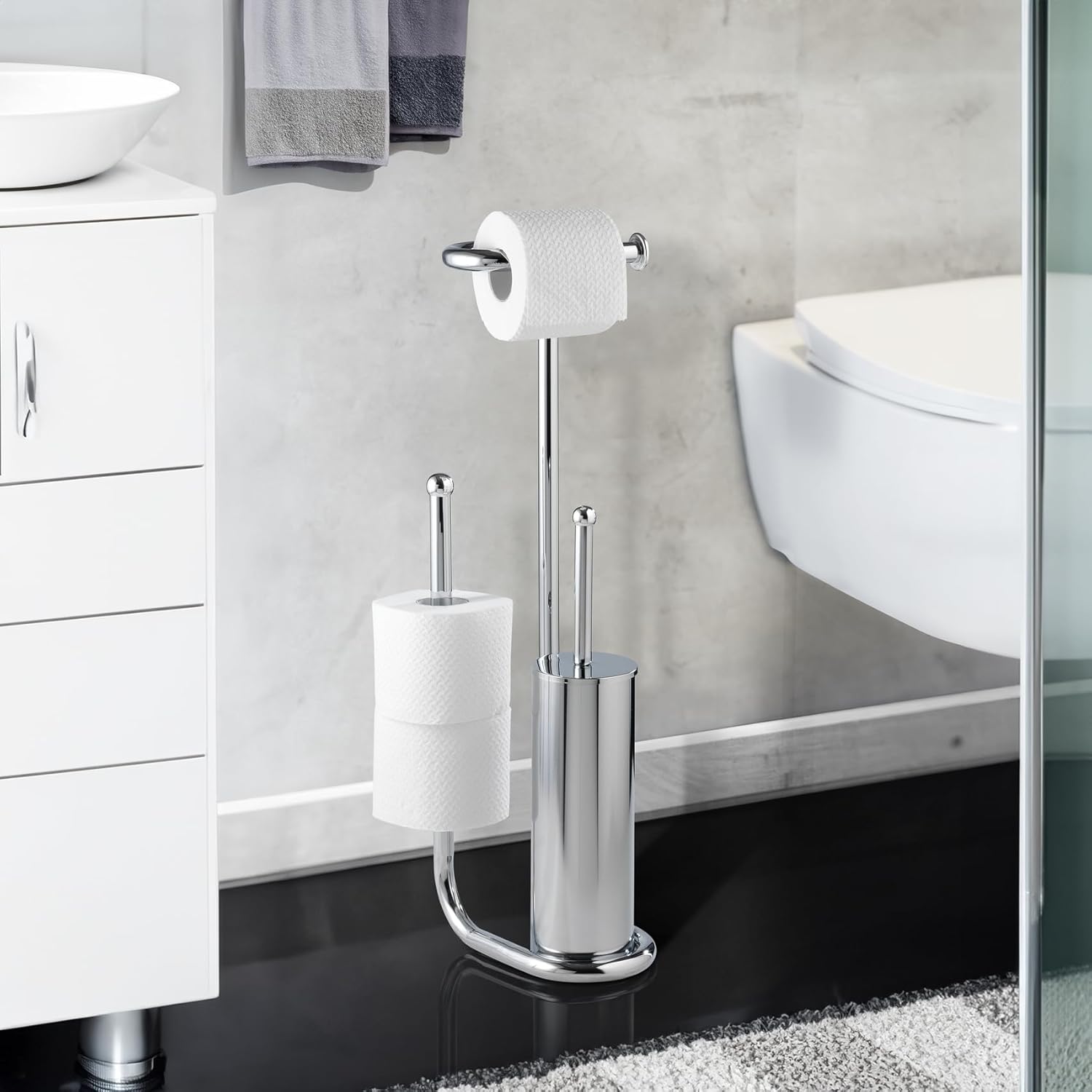 WENKO Free Standing Toilet Brush with Chrome Holder and Spare Roll Space