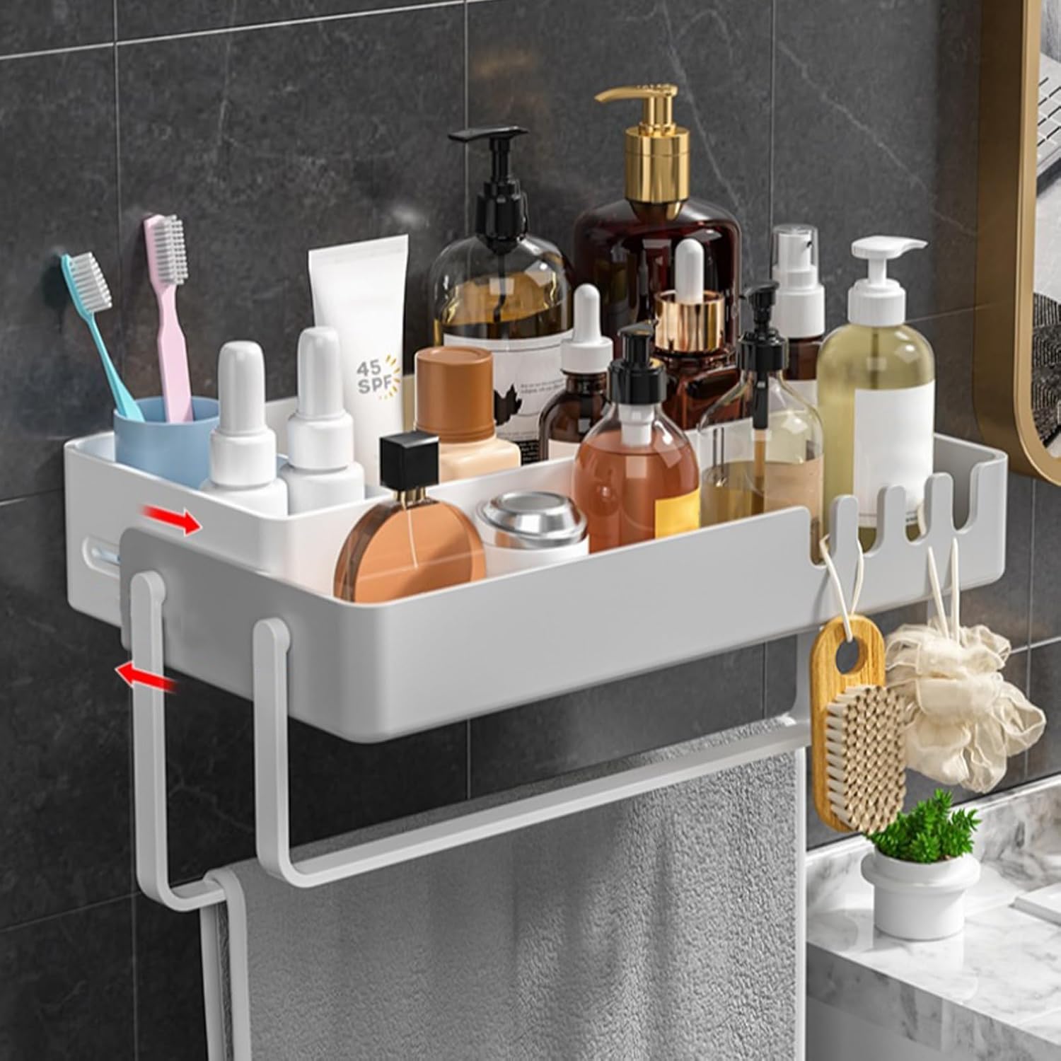 Bathroom Wall Organizer No Drilling Adjustable Hooks Racks
