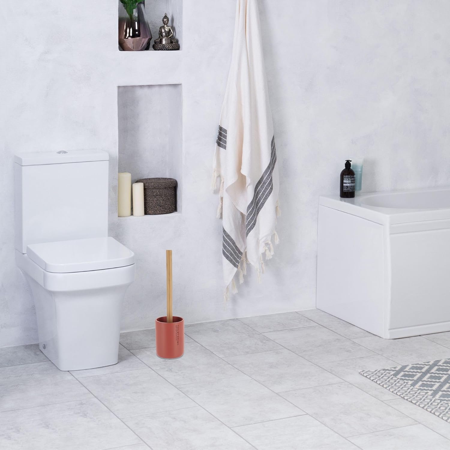 Compact Terracotta Toilet Brush Set with Bamboo Handle 1