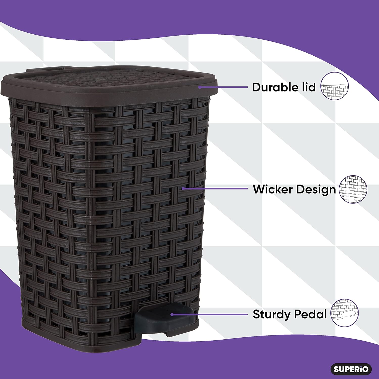 Superio Bathroom Trash Can and Toilet Brush Set 15 Gallon Brown