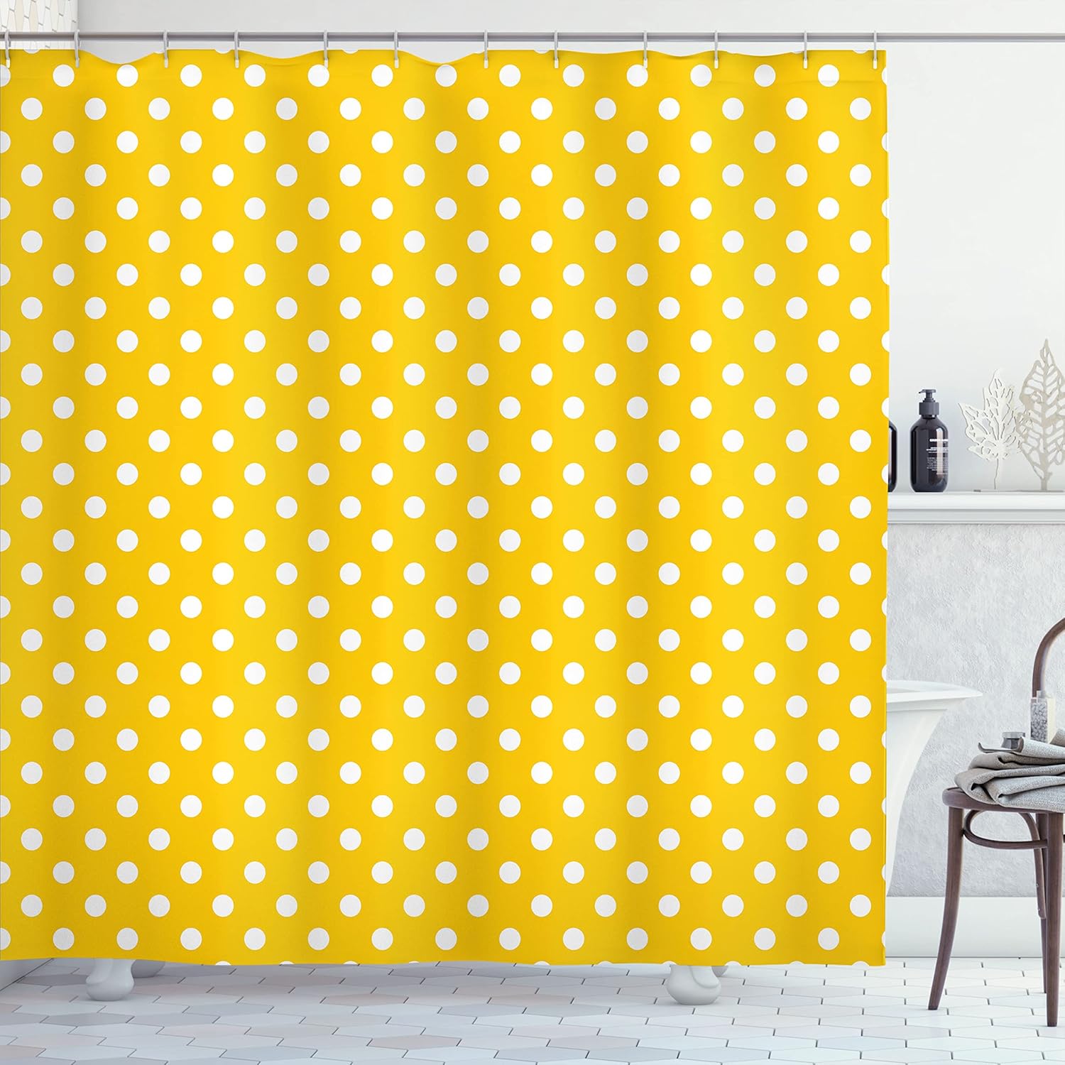 Ambesonne Polka Dots Shower Curtain with Hooks Yellow White 69 x 75