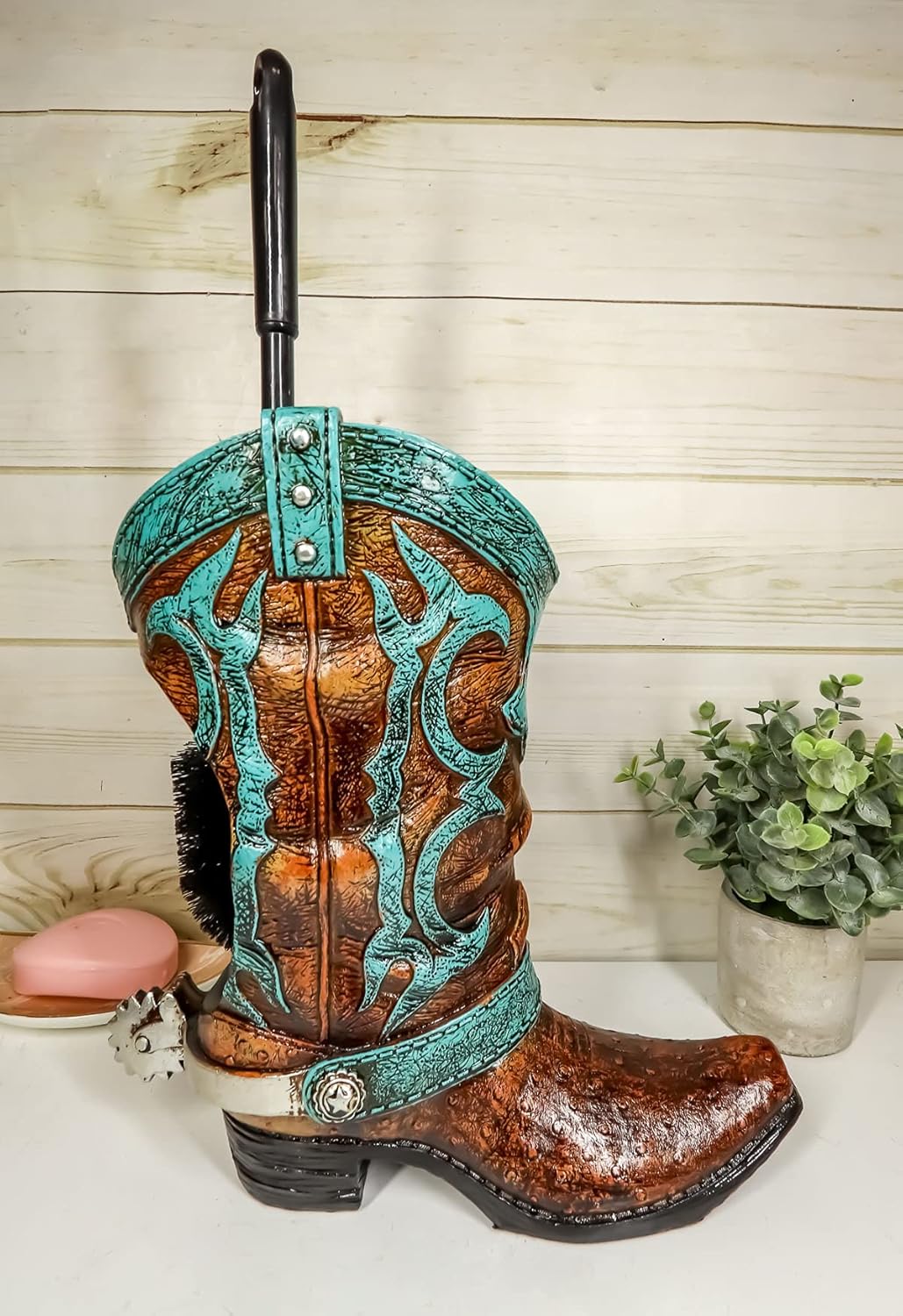 Ebros Rustic Western Cowboy Boot Toilet Brush Set 2 Piece
