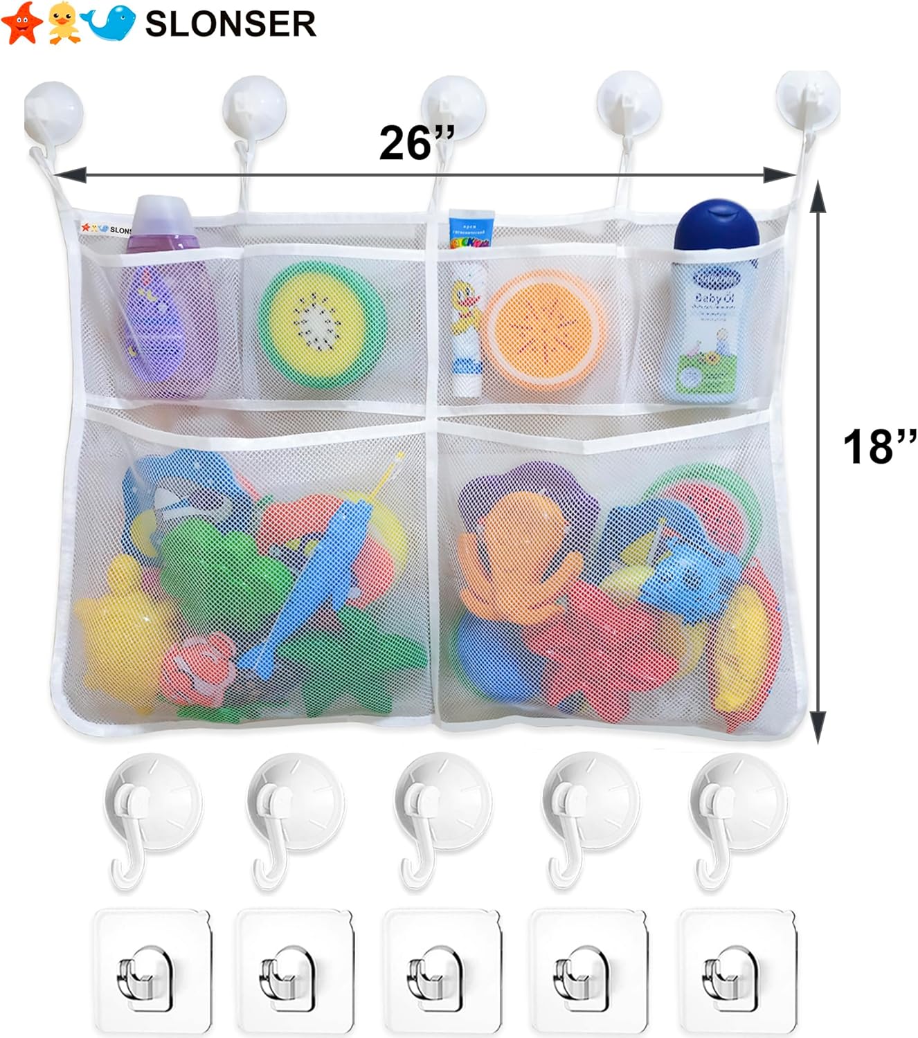 Extra Large Bath Toy Holder with 5 Suction Cups and Hooks