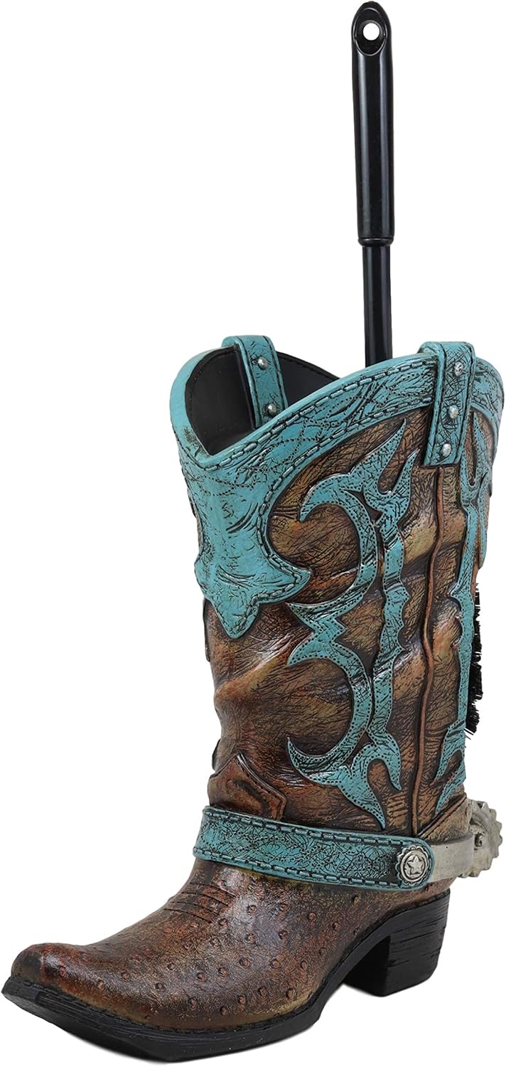 Ebros Rustic Western Cowboy Boot Toilet Brush Set 2 Piece