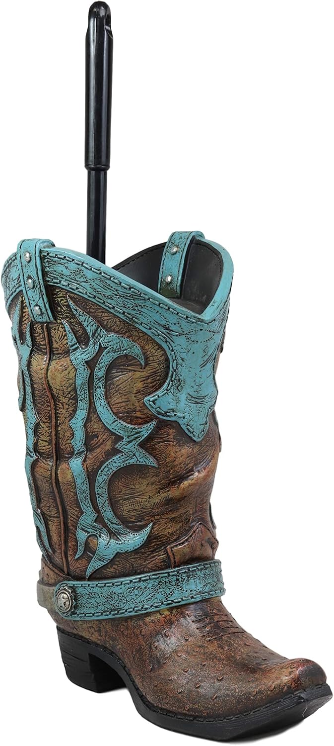 Ebros Rustic Western Cowboy Boot Toilet Brush Set 2 Piece