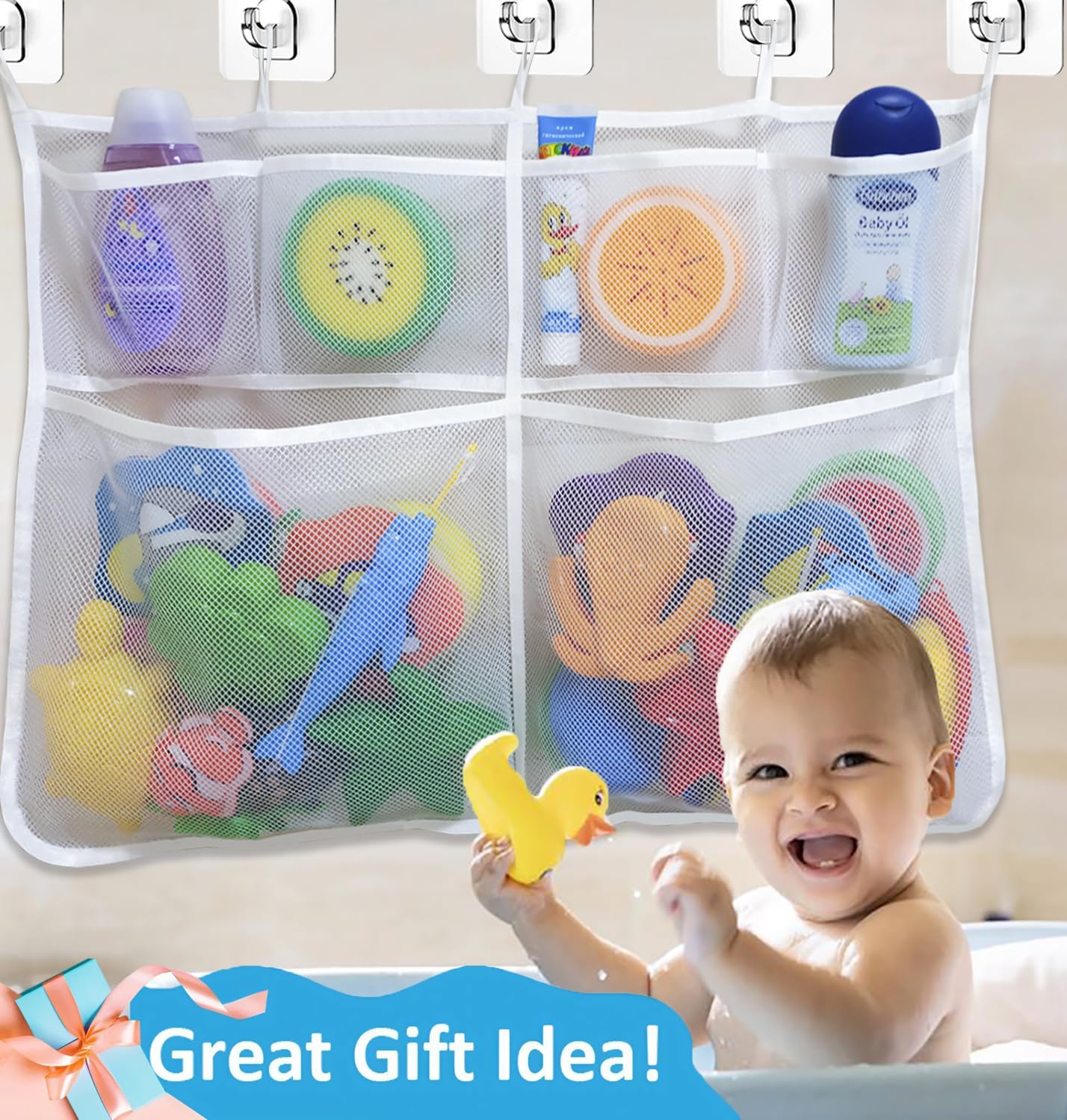 Extra Large Bath Toy Holder with 5 Suction Cups and Hooks