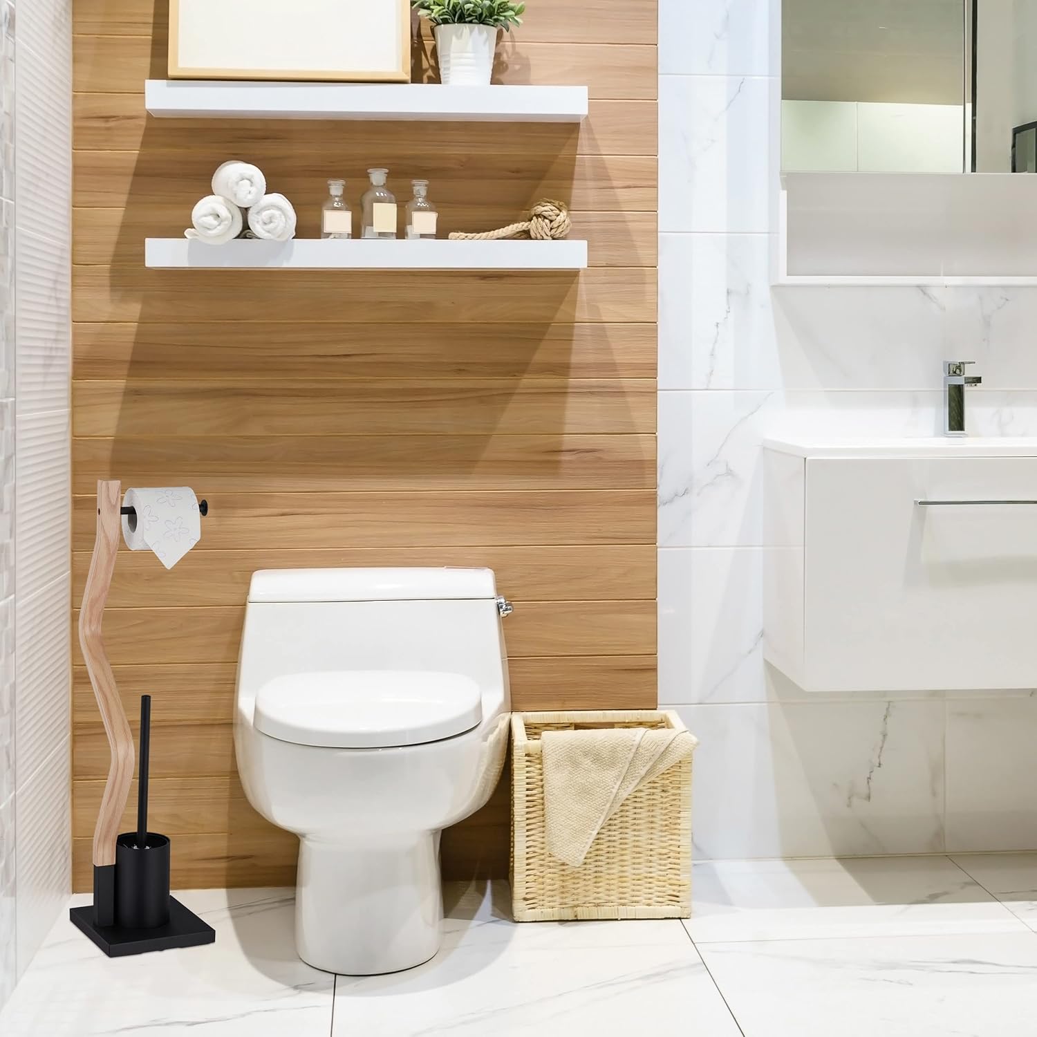 Relaxdays WC Accessories Set - 2 in 1 Toilet Paper Holder Brush BlackNatural