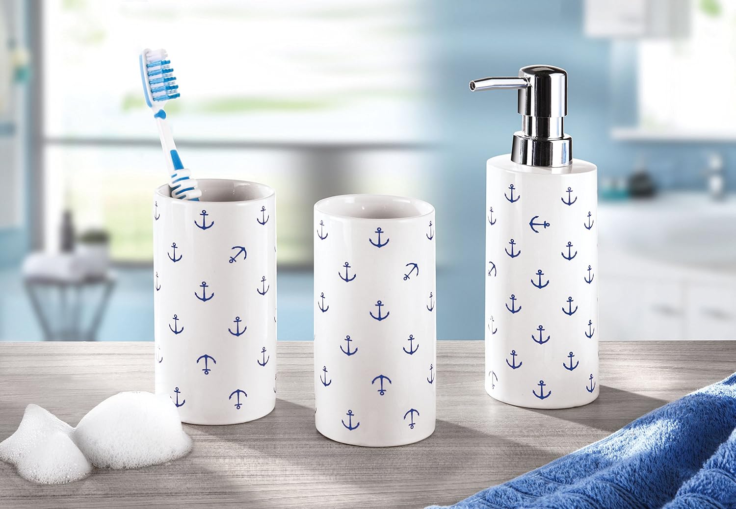 Stoneware Toilet Brush Holder with Anchor Design