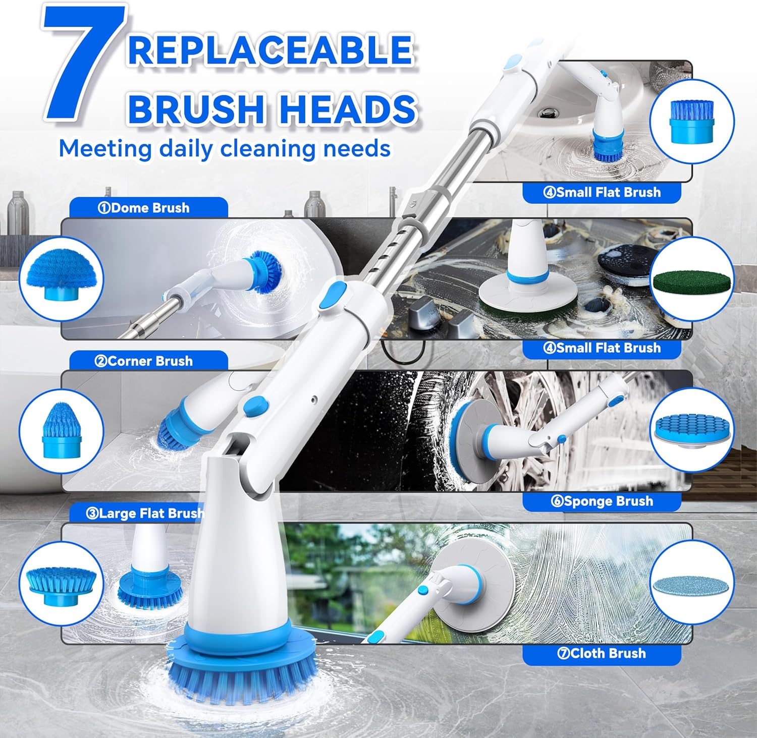 SIMWAL Electric Spin Scrubber with 7 Brush Heads and Extension Handle