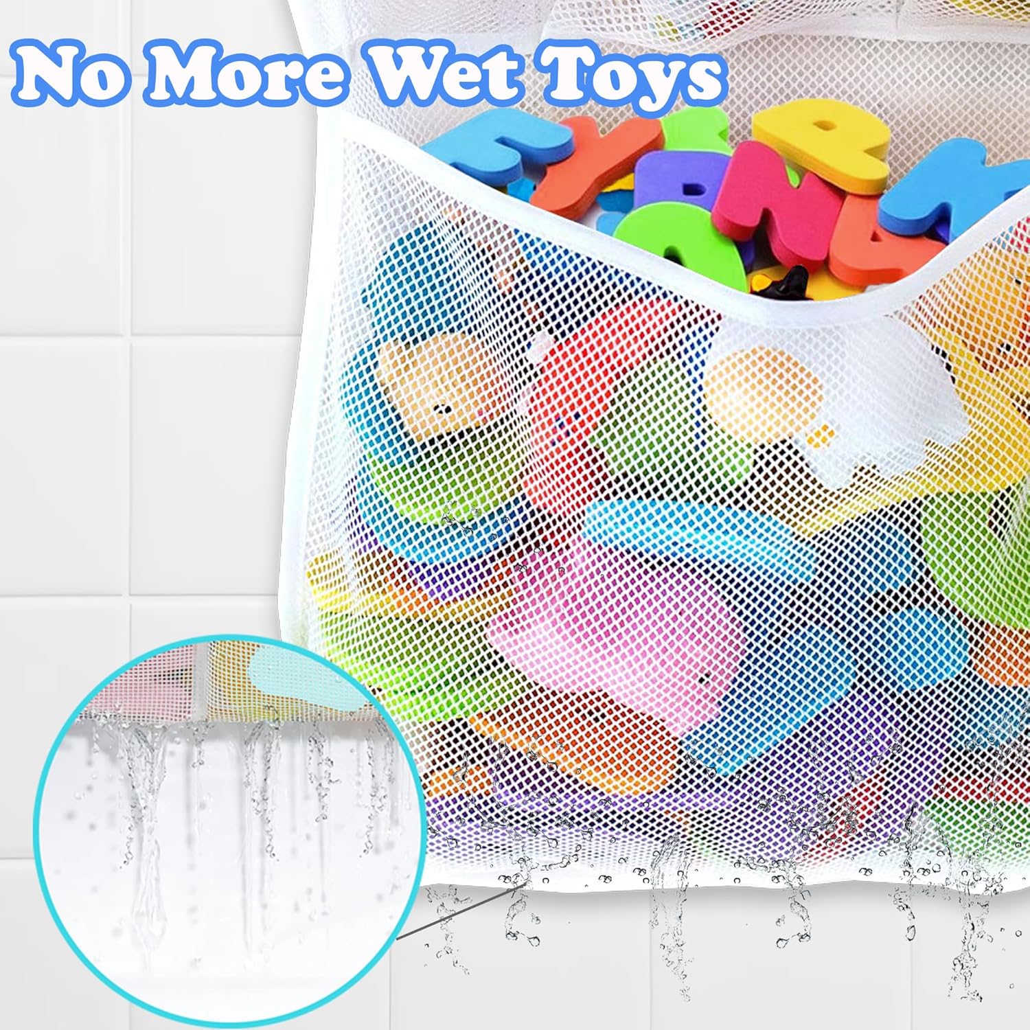 Extra Large Bath Toy Holder with 5 Suction Cups and Hooks